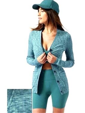Athleta Teal Ribbed Revolve Button-Front Cardigan